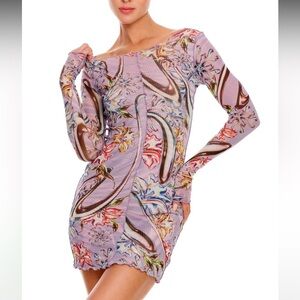 Agua Bendita Lilac Paisley Long Sleeve Bodycon Dress